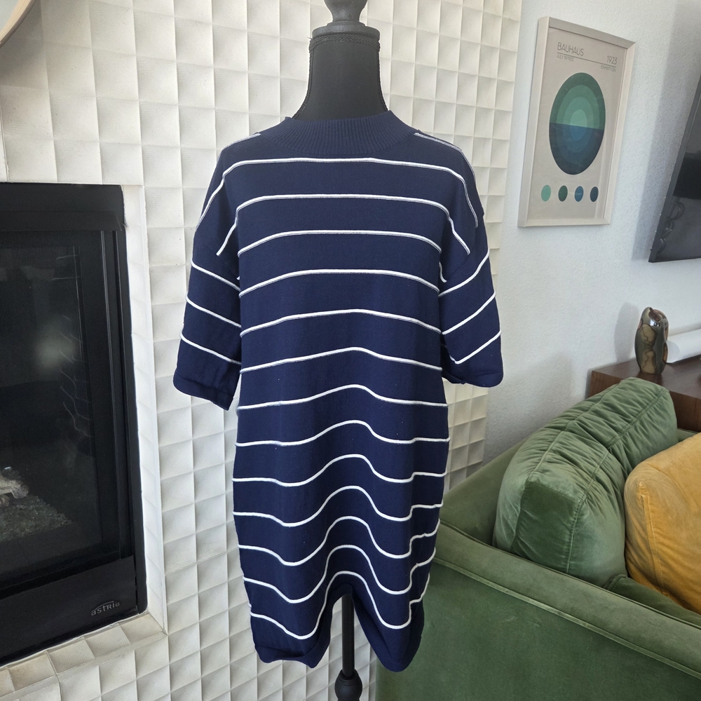 P. Cill Navy White Stripe Short Sleeve Viscose Mini Micro Dress Small Oversized